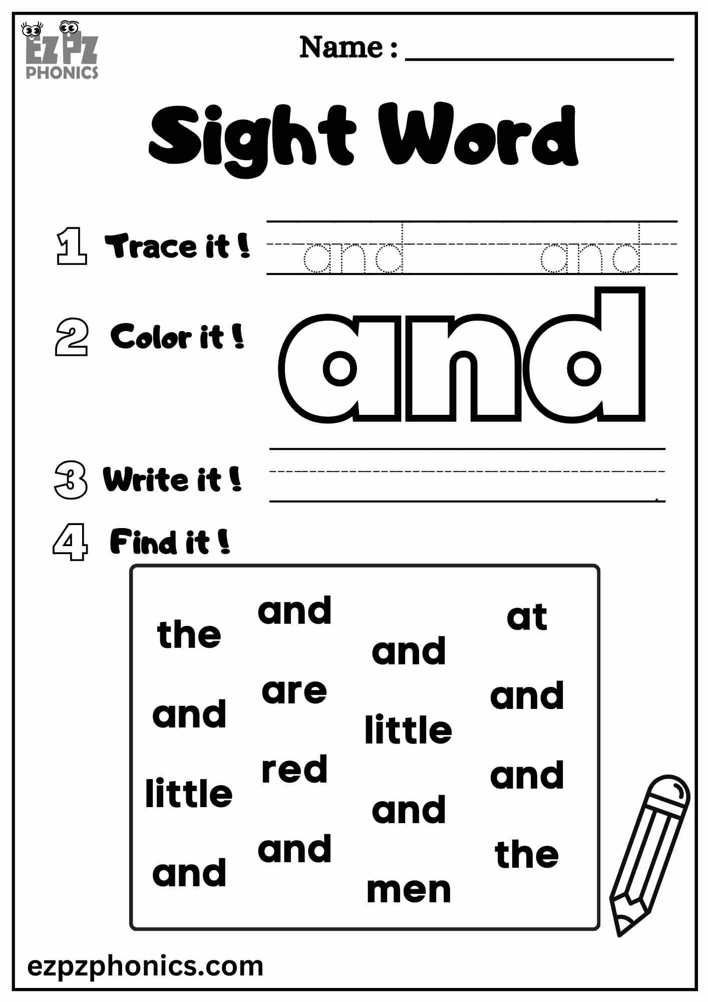 The "And" Sight Word Worksheet for Pre-Kindergarten Students Dolch Sight Words Free PDF Download